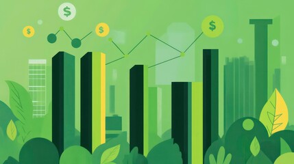 Fototapete - Green city skyline with financial growth graph and dollar signs, symbolizing sustainable investments and economic prosperity.