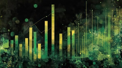 Poster - Abstract green and yellow bar chart on dark background with watercolor texture.