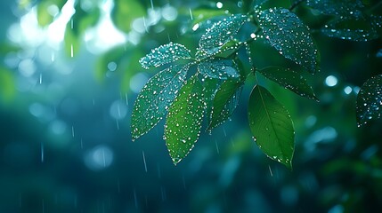 Canvas Print - Raindrops on lush green leaves during a gentle rain shower.