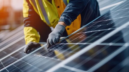 Wall Mural - Two engineers wearing gloves and safety vests are installing solar panels on a rooftop, representing the growing trend of renewable energy and sustainable practices