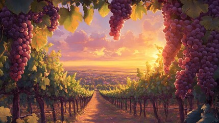 Wall Mural - Vibrant sunset casts warm light over lush vineyard grapes, perfect for autumn harvest themes.