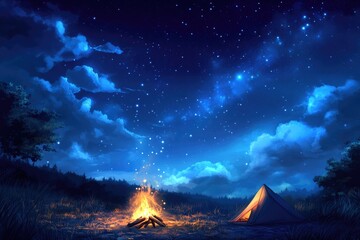 Wall Mural - Campsite Under a Mesmerizing Blue Star-Lit Sky with Glowing Stars and Soft Clouds for an Outdoor Adventure Experience