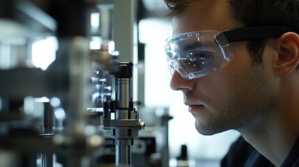 Poster - Close up of an engineer wearing safety glasses, meticulously working on advanced equipment within a modern factory setting, showcasing precision and expertise in industrial operations