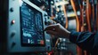 © Justlight - Close up of an industrial engineer's hand interacting with a touchscreen control panel, monitoring and adjusting parameters of a complex manufacturing process in a modern factory setting