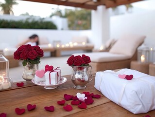 Wall Mural - A romantic outdoor setting featuring red roses, heart-shaped decorations, and a gift, creating a cozy atmosphere for a special occasion.