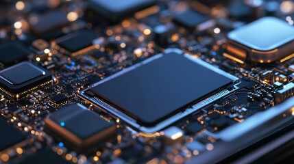 Poster - electronic circuit board showcasing a prominent microchip, surrounded by intricate circuitry, glowin
