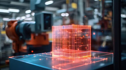 Poster - Glowing orange digital projection of a cube in a factory setting, showcasing the use of augmented reality in modern industrial environments, with a robotic arm blurred in the background