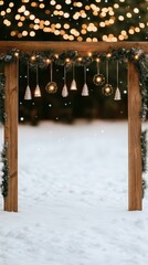 Wall Mural - A festive wooden arch adorned with lights and decorations, set against a snowy background, creating a cozy winter atmosphere.