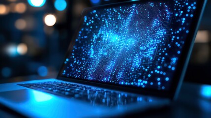 Poster - Laptop screen displays glowing digital world map at night.