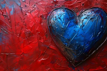 Wall Mural - Oil painting featuring a textured blue heart on a vibrant red background, symbolizing love, passion, and artistic expression