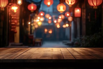 Empty wooden tabletop perspective for product placement or montage with blurry chinese lanterns illuminating a night street providing a festive atmosphere