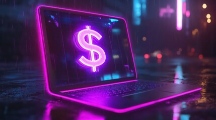 Poster - Neon pink dollar sign glows on laptop screen in rain.