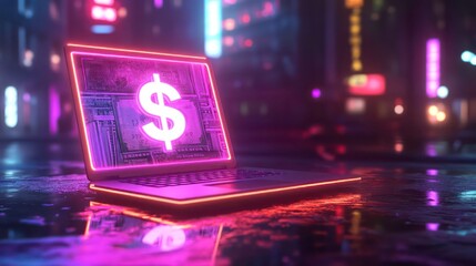 Poster - Neon-lit laptop displaying a dollar sign in a futuristic city at night.