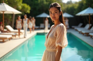 Wall Mural - Attractive lady in light beige dress poses by poolside. Group of women in white attire walking near swimming pool. Relaxing outdoor scene. Stylish fashion week model. Luxury beach environment.