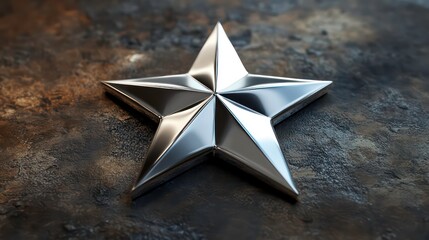 Poster - Polished chrome five-pointed star on dark textured surface.