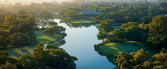 Poster - Aerial view of a serene golf course with a winding river.