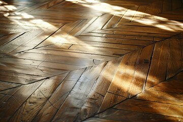 Poster - Sunlight creates contrasting patterns on a polished herringbone parquet floor