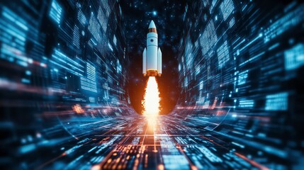 Aufkleber - Rocket launching through a digital tunnel, representing innovation and technological advancement.