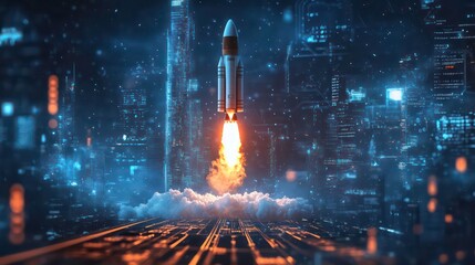 Poster - Rocket launching from futuristic city at night. (1)