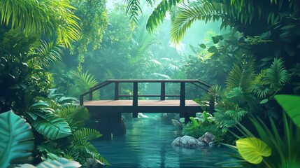 Poster - Wooden bridge over tranquil stream in lush tropical jungle, sunlight filtering through leaves.