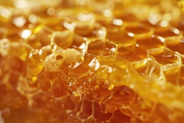 Poster - close up of honeycomb dripping with golden honey, showcasing the intricate texture and glistening ne