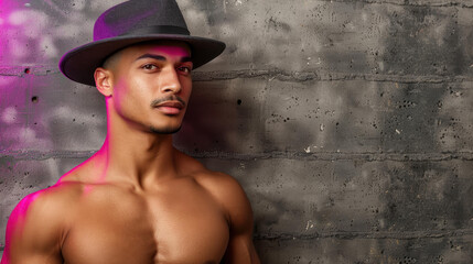 Wall Mural - A strong, shirtless man exudes confidence in a dark studio, illuminated by vibrant purple neon lights against a concrete wall.