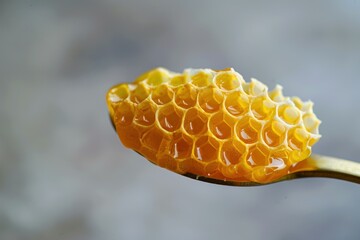 Poster - fresh honeycomb dripping with golden nectar rests on a spoon, showcasing the natural beauty of bee m