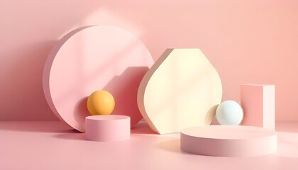 Poster - A minimalist 3D render of geometric shapes in pastel tones, with soft lighting and shadows