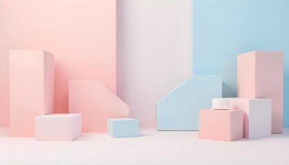 Poster - A minimalist 3D render of geometric shapes in pastel tones, with soft lighting and shadows