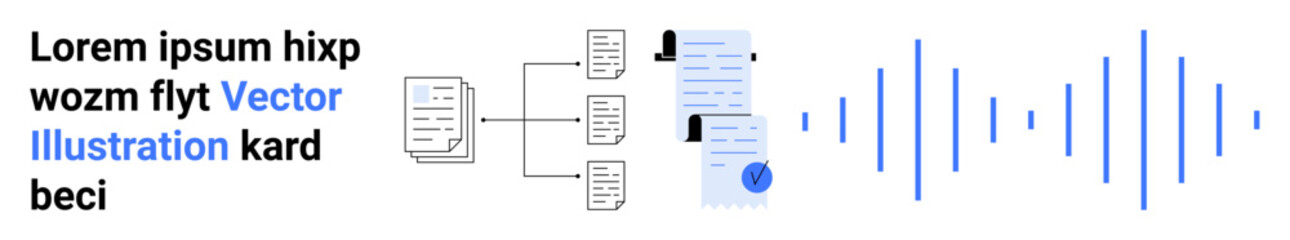 Organizational flowchart, faceless user icons, documents, text script, and audio waveforms. Ideal for project management, documentation, content creation, user interface, technical writing, process