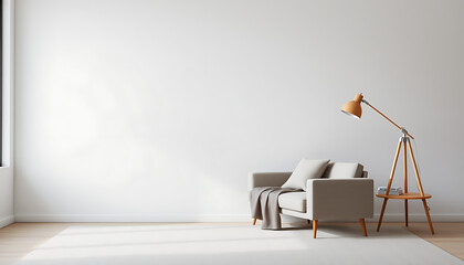 Wall Mural - Modern interior with a sofa and wooden floor lamp on a white background, mockup template for product presentation. White wall background with a fabric couch and a blanket.	