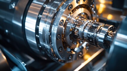Poster - Close up view revealing a rotating metal component within intricate industrial machinery, emphasizing the precision of engineering and the complexities of modern manufacturing processes