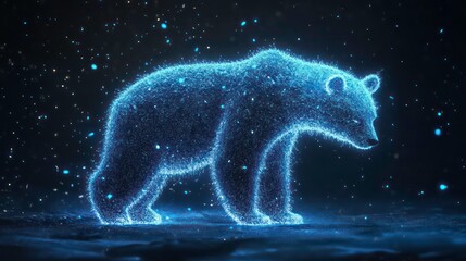Poster - Glowing polar bear cub walking on snowy ground, digital art.