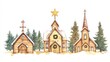 © chic designs - Charming christmas village watercolor of three wooden churches with wreaths and snowy trees