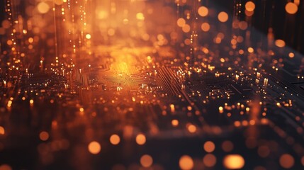Poster - Falling golden light particles on a computer circuit board create a futuristic atmosphere, perfect for concepts of big data, artificial intelligence, and the digital realm