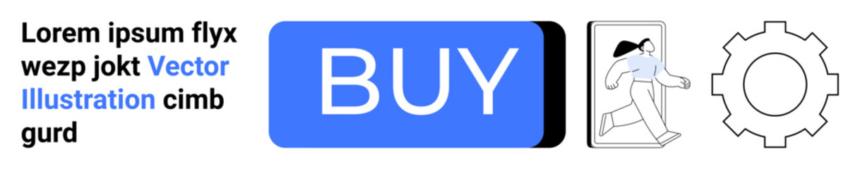 Blue BUY button, abstract text, person with smartphone and gear icon. Ideal for e-commerce, technology, UX design, mobile apps, online shopping, user interface, web development. Landing page