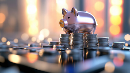 A shiny piggy bank stands atop ascending coin towers, with a calculator and bold 2025 digits in focus, set against a gradient blurred background symbolizing success.