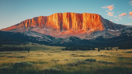 Wall Mural - Majestic sunset illuminates a massive, orange cliff face overlooking a vast, grassy plain.