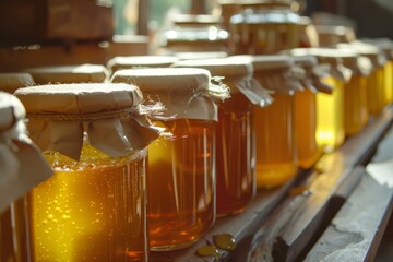 Poster - golden honey fills various jars sitting on wooden shelves, showing the process and product of honey 