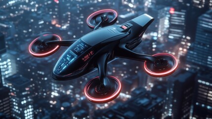 Aufkleber - Passenger drone featuring glowing red lights gliding over a futuristic cityscape at night, highlighting advancements in transportation technology and urban mobility solutions
