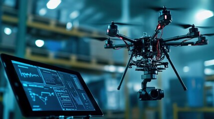 Poster - modern warehouse using autonomous drone for inventory management, data analysis displayed on a table