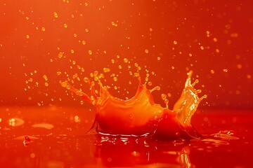 Poster - Orange liquid making a splash with crown shaped droplets and bubbles on an orange background