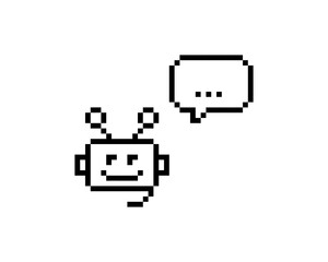 Poster - Cute bot support service pixel art icon. Robot head answering. Speech bubble. Chatbot 8 bit emoji. Vintage retro sticker. Editable pixel vector illustration. Game abstract element. Y2k geometric shape