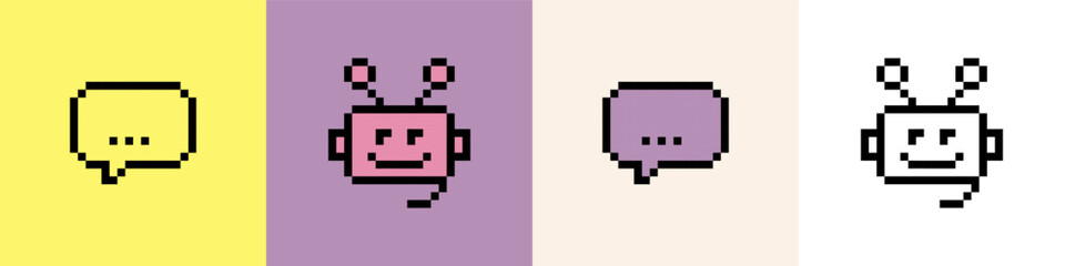 Poster - Bot support service pixel art icon line. Robot head answering. Speech bubble. Chatbot 8 bit emoji. Vintage retro sticker. Editable pixel vector illustration. Game abstract element. Y2k geometric shape