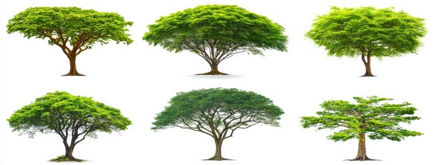 A selection of green trees set against a white background, featuring a variety of tree types