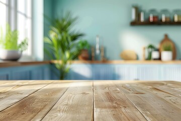 Poster - Wooden table in focus with a blurred modern kitchen background, ideal for product placement
