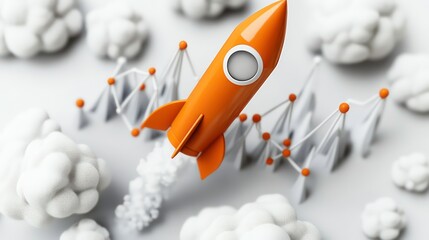 Aufkleber - Orange rocket launching through clouds and network connections, representing growth and success.