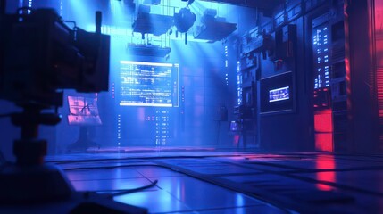 Leinwandbilder - Futuristic control room with vibrant blue and red lighting, advanced technology, and data screens.