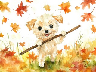 Whimsical fall watercolor of cheerful puppy with stick in autumn leaves