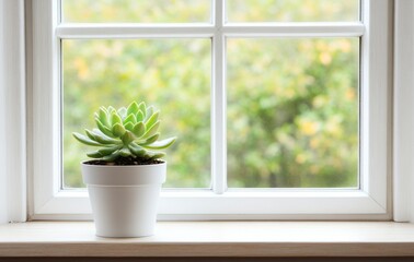 Poster - Wooden table top with a blurred background of a half-curtained window